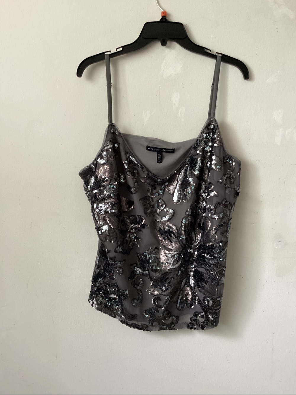 White House Black Market Gray and black Sequin Floral Cowl Camisole